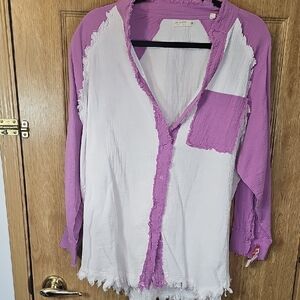 Frayed Edge Button Down Shirt in Purple and White
